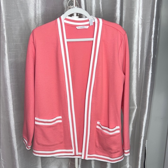 Isaac Mizrahi Sweaters - Isaac Mizrahi Live! Knit Pique Cardigan with Varsity Stripe in pink.